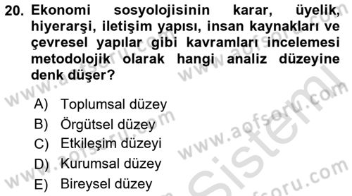 Ekonomi Sosyolojisi Dersi 2021 - 2022 Yılı (Vize) Ara Sınav Soruları 20. Soru