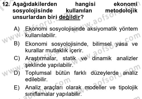 Ekonomi Sosyolojisi Dersi 2021 - 2022 Yılı Yaz Okulu Sınav Soruları 12. Soru