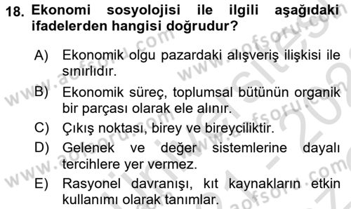 Ekonomi Sosyolojisi Dersi 2021 - 2022 Yılı Yaz Okulu Sınav Soruları 18. Soru