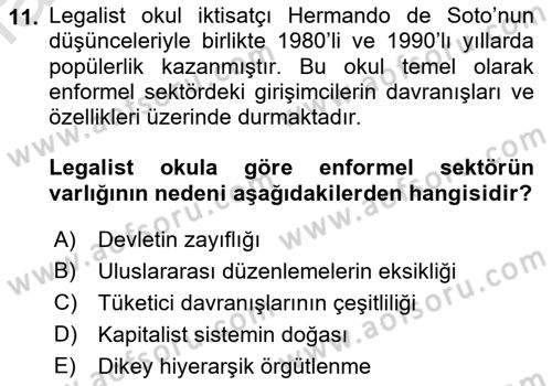 Ekonomi Sosyolojisi Dersi 2022 - 2023 Yılı (Vize) Ara Sınav Soruları 11. Soru
