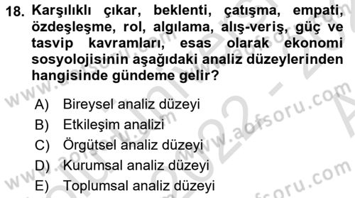 Ekonomi Sosyolojisi Dersi Ara Sınavı Deneme Sınav Soruları 18. Soru
