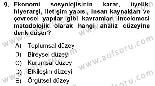 Ekonomi Sosyolojisi Dersi 2022 - 2023 Yılı (Vize) Ara Sınav Soruları 9. Soru