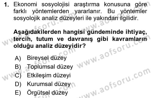 Ekonomi Sosyolojisi Dersi Ara Sınavı Deneme Sınav Soruları 1. Soru