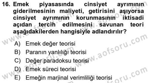 Ekonomi Sosyolojisi Dersi 2023 - 2024 Yılı (Vize) Ara Sınav Soruları 16. Soru
