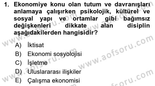 Ekonomi Sosyolojisi Dersi 2025 - 2026 Yılı Yaz Okulu Sınav Soruları 1. Soru