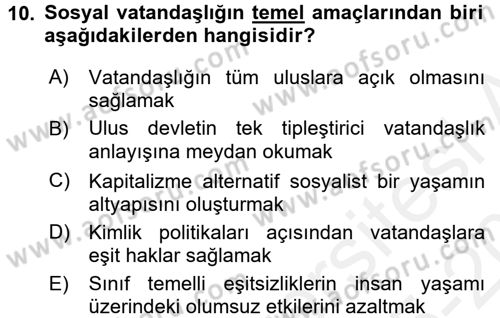 Toplumsal Tabakalaşma ve Eşitsizlik Dersi 2015 - 2016 Yılı Tek Ders Sınav Soruları 10. Soru