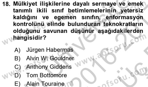 Toplumsal Tabakalaşma ve Eşitsizlik Dersi 2016 - 2017 Yılı 3 Ders Sınav Soruları 18. Soru