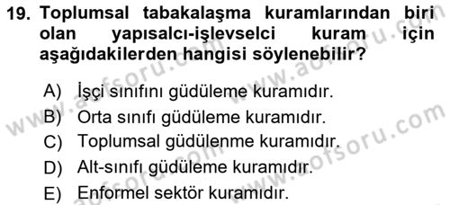 Toplumsal Tabakalaşma ve Eşitsizlik Dersi 2020 - 2021 Yılı Yaz Okulu Sınav Soruları 19. Soru
