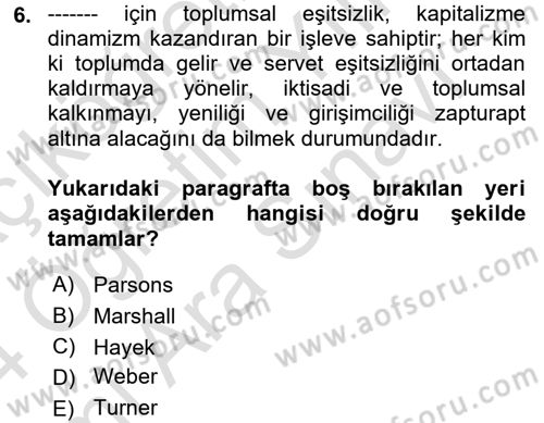 Toplumsal Tabakalaşma ve Eşitsizlik Dersi 2023 - 2024 Yılı (Vize) Ara Sınav Soruları 6. Soru