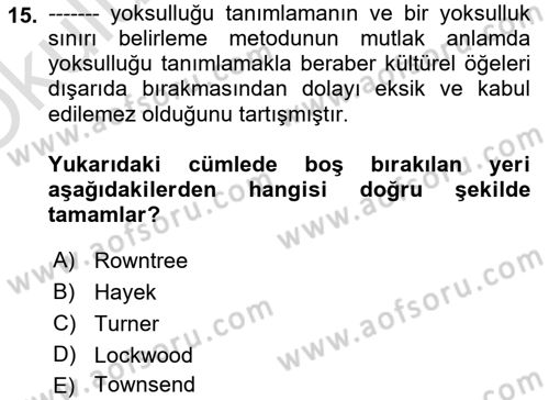 Toplumsal Tabakalaşma ve Eşitsizlik Dersi 2023 - 2024 Yılı Yaz Okulu Sınav Soruları 15. Soru