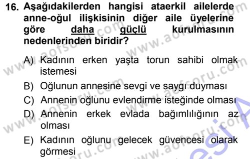 Aile Sosyolojisi Dersi 2012 - 2013 Yılı (Final) Dönem Sonu Sınav Soruları 16. Soru