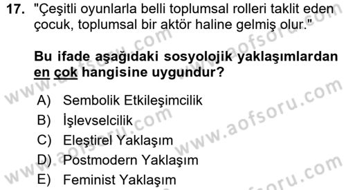 Aile Sosyolojisi Dersi Ara Sınavı Deneme Sınav Soruları 17. Soru