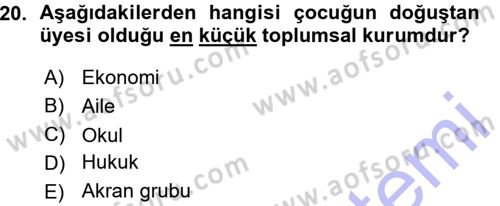 Aile Sosyolojisi Dersi 2015 - 2016 Yılı (Vize) Ara Sınav Soruları 20. Soru