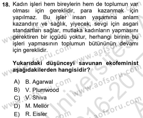 Aile Sosyolojisi Dersi 2016 - 2017 Yılı (Vize) Ara Sınav Soruları 18. Soru