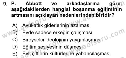 Aile Sosyolojisi Dersi Ara Sınavı Deneme Sınav Soruları 9. Soru