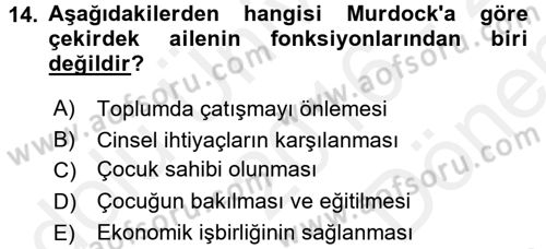 Aile Sosyolojisi Dersi 2016 - 2017 Yılı (Final) Dönem Sonu Sınav Soruları 14. Soru