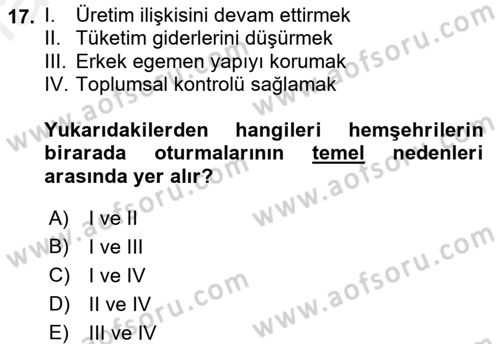 Aile Sosyolojisi Dersi 2017 - 2018 Yılı 3 Ders Sınav Soruları 17. Soru