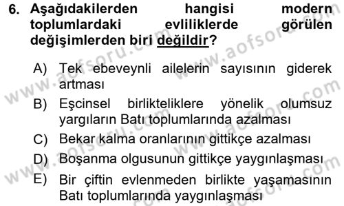 Aile Sosyolojisi Dersi 2017 - 2018 Yılı (Vize) Ara Sınav Soruları 6. Soru