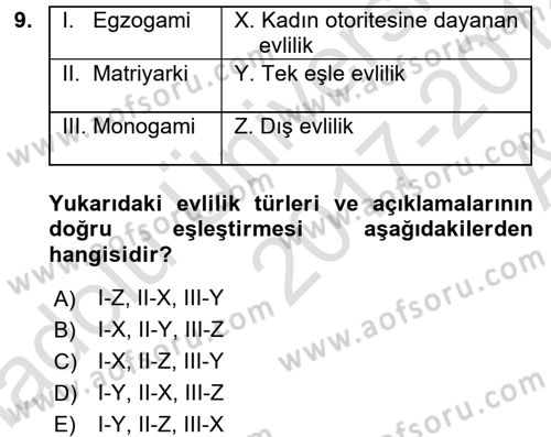 Aile Sosyolojisi Dersi Ara Sınavı Deneme Sınav Soruları 9. Soru