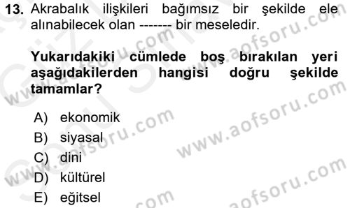 Aile Sosyolojisi Dersi 2017 - 2018 Yılı (Final) Dönem Sonu Sınav Soruları 13. Soru