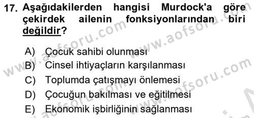 Aile Sosyolojisi Dersi 2018 - 2019 Yılı 3 Ders Sınavı 17. Soru