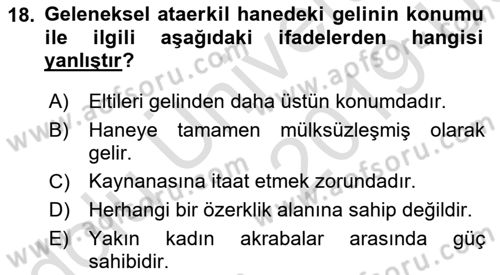 Aile Sosyolojisi Dersi 2018 - 2019 Yılı 3 Ders Sınav Soruları 18. Soru