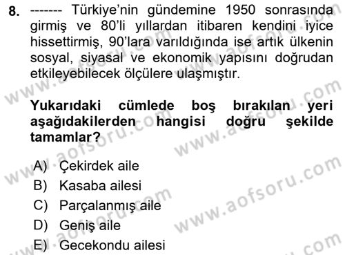 Aile Sosyolojisi Dersi 2018 - 2019 Yılı (Vize) Ara Sınavı 8. Soru