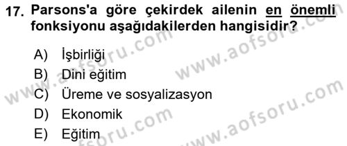 Aile Sosyolojisi Dersi 2018 - 2019 Yılı (Final) Dönem Sonu Sınav Soruları 17. Soru