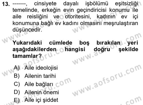 Aile Sosyolojisi Dersi 2018 - 2019 Yılı Yaz Okulu Sınavı 13. Soru