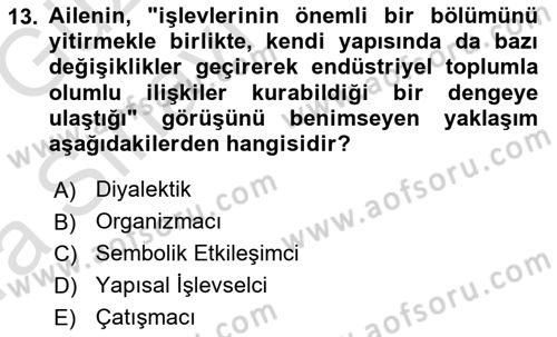 Aile Sosyolojisi Dersi 2019 - 2020 Yılı (Vize) Ara Sınavı 13. Soru