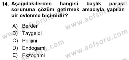 Aile Sosyolojisi Dersi 2019 - 2020 Yılı (Vize) Ara Sınavı 14. Soru