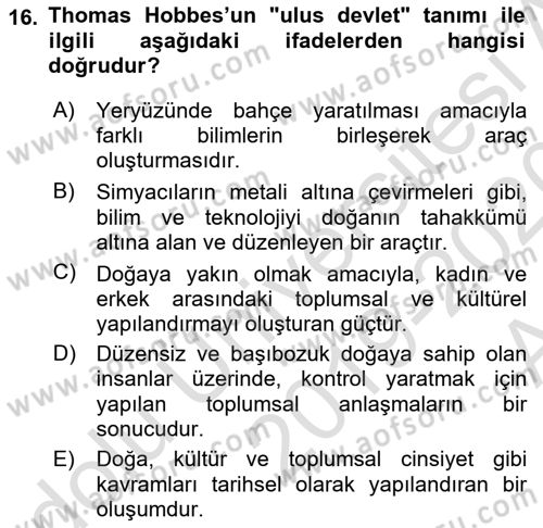 Aile Sosyolojisi Dersi 2019 - 2020 Yılı (Vize) Ara Sınavı 16. Soru