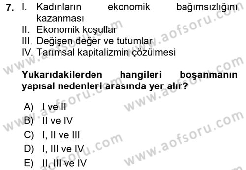 Aile Sosyolojisi Dersi Ara Sınavı Deneme Sınav Soruları 7. Soru