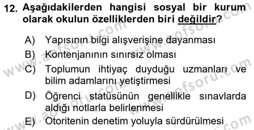 Aile Sosyolojisi Dersi 2021 - 2022 Yılı Yaz Okulu Sınav Soruları 12. Soru