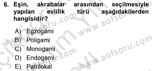 Aile Sosyolojisi Dersi 2021 - 2022 Yılı Yaz Okulu Sınavı 6. Soru