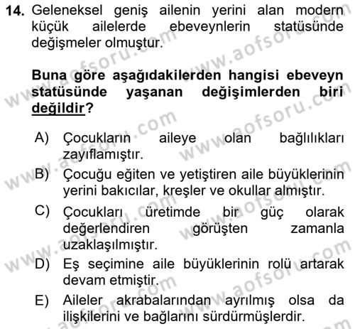 Aile Sosyolojisi Dersi 2022 - 2023 Yılı (Vize) Ara Sınav Soruları 14. Soru
