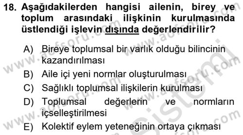 Aile Sosyolojisi Dersi 2022 - 2023 Yılı (Vize) Ara Sınav Soruları 18. Soru