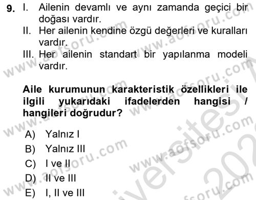Aile Sosyolojisi Dersi Ara Sınavı Deneme Sınav Soruları 9. Soru