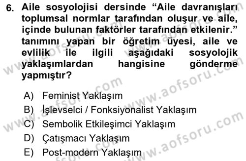 Aile Sosyolojisi Dersi 2022 - 2023 Yılı Yaz Okulu Sınav Soruları 6. Soru