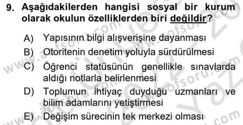 Aile Sosyolojisi Dersi 2022 - 2023 Yılı Yaz Okulu Sınav Soruları 9. Soru