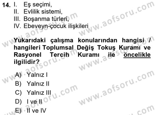 Aile Sosyolojisi Dersi 2023 - 2024 Yılı (Vize) Ara Sınav Soruları 14. Soru
