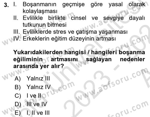 Aile Sosyolojisi Dersi 2023 - 2024 Yılı (Vize) Ara Sınav Soruları 3. Soru