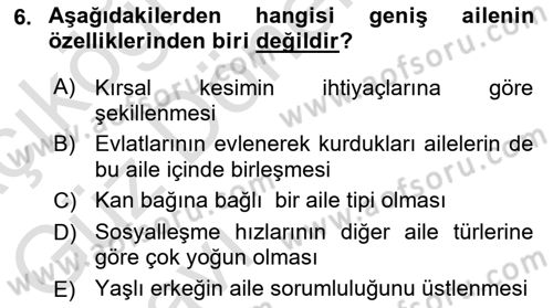 Aile Sosyolojisi Dersi 2023 - 2024 Yılı (Vize) Ara Sınav Soruları 6. Soru
