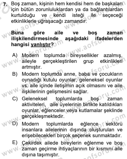 Aile Sosyolojisi Dersi 2023 - 2024 Yılı (Vize) Ara Sınav Soruları 7. Soru