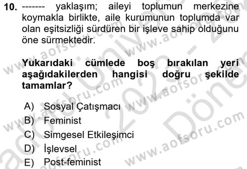 Aile Sosyolojisi Dersi 2023 - 2024 Yılı (Final) Dönem Sonu Sınav Soruları 10. Soru