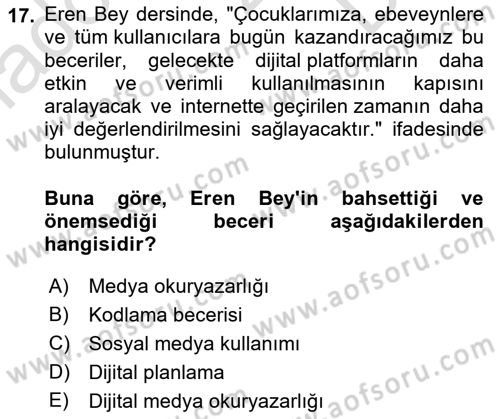 Aile Sosyolojisi Dersi 2023 - 2024 Yılı (Final) Dönem Sonu Sınav Soruları 17. Soru
