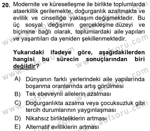 Aile Sosyolojisi Dersi 2023 - 2024 Yılı (Final) Dönem Sonu Sınav Soruları 20. Soru