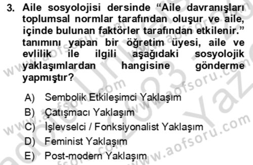 Aile Sosyolojisi Dersi 2023 - 2024 Yılı Yaz Okulu Sınav Soruları 3. Soru