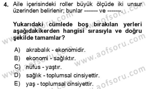 Aile Sosyolojisi Dersi 2023 - 2024 Yılı Yaz Okulu Sınav Soruları 4. Soru
