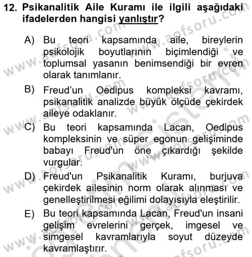 Aile Sosyolojisi Dersi Ara Sınavı Deneme Sınav Soruları 12. Soru